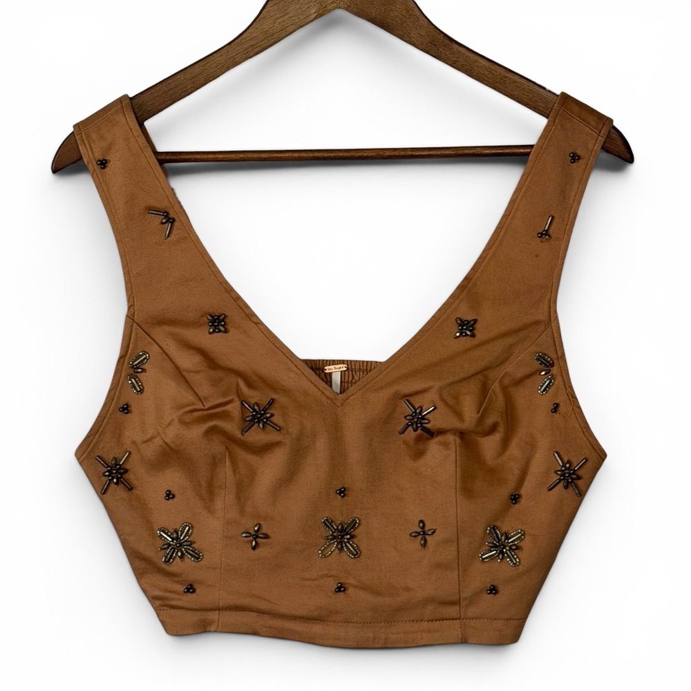 Free People Crop Top S Cinnamon Brown Beaded Embellished Smocked Boho Festival